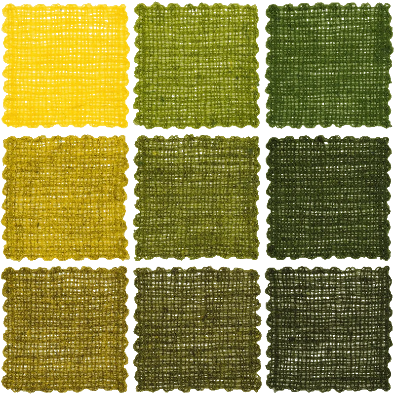 Nine woolen samples dyed with indigo and goldenrod